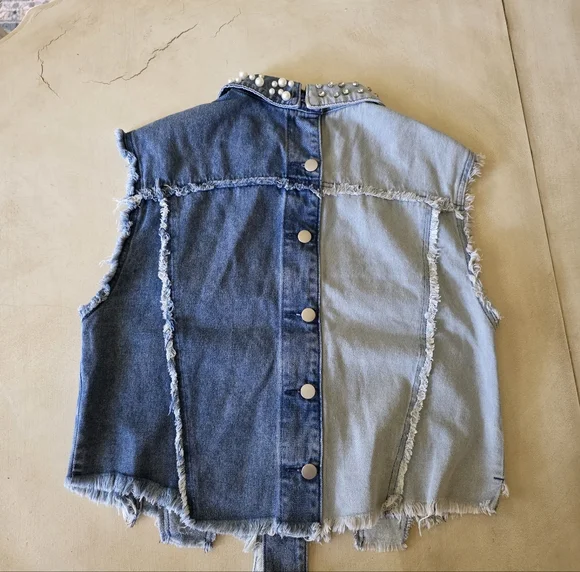POL Mixed Wash Pearl & Rhinestone Distressed Denim Vest - Picture 7 of 12
